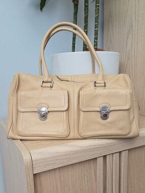 Agnes B. Y2K Creamy Latte Leather Shoulder Satchel with Dual Front Pockets